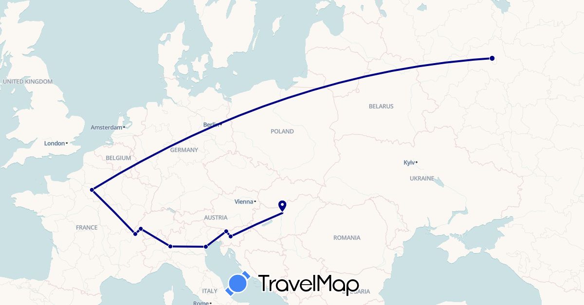 TravelMap itinerary: driving in Switzerland, France, Hungary, Italy, Russia, Slovenia (Europe)